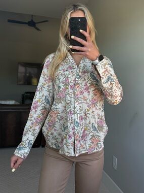 Floral Button-Up Blouse in Cream and Pink